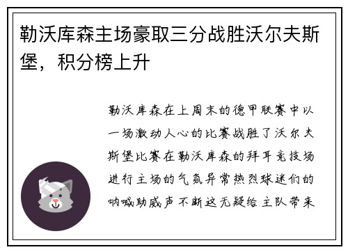 勒沃库森主场豪取三分战胜沃尔夫斯堡，积分榜上升