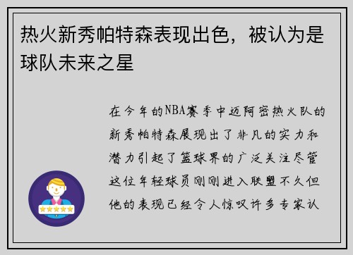 热火新秀帕特森表现出色，被认为是球队未来之星